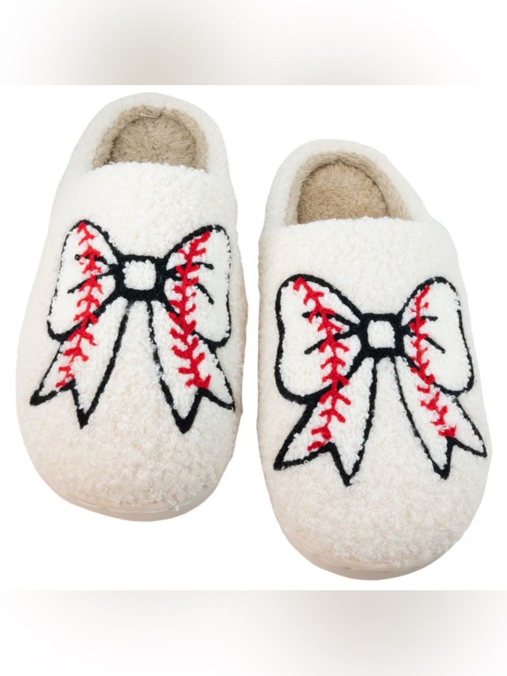 Katydid White Fuzzy Slippers with Black and Red Bow Baseball Stitch